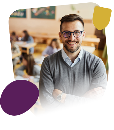 Teacher wearing glasses and a grey cardigan